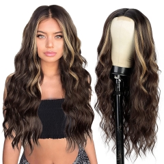 Long Brown Wavy Wig,Long Wavy Middle Part Wig for Women Synthetic Curly Wavy Wigs Natural Wavy Heat Resistant Wig for Daily Party Use (Brown Mixed Blonde,24inch)