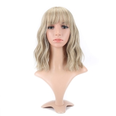 VCKOVCKO Natural Wavy Short Bob Wigs With Air Bangs Women's Shoulder Length Wigs Curly Wavy Synthetic Cosplay Wig Pastel Bob Wig for Girl Colorful Wigs(12", Mix Blonde)