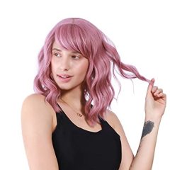 VCKOVCKO Pastel Wavy Wig With Air Bangs Women's Short Bob Purple Pink Wigs Curly Wavy Shoulder Length Pastel Bob Synthetic Cosplay Wig for Girls Daily Use Colorful Wigs(12", Purple