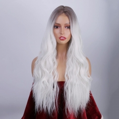 AISI HAIR Long Wavy White Ombre Wigs for Women Middle Part White Ombre Curly Wigs Natural Looking Heat Resistant Fiber Synthetic Wigs for Daily Use