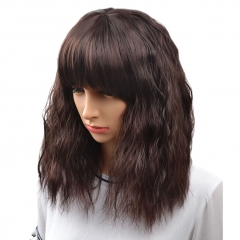 BERON 14" Women's Short Curly Bob Wig with Free Wig Cap (Dark Brown)