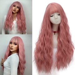 Netgo women's pink wig long fluffy curly wave wig, suitable for girls, heat-resistant synthetic role-playing party wig