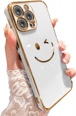 Facweek compatible iPhone 13 Pro maximum case transparent, Happy face phone case gold plated [camera lens protection + military grade drop protection] silicone rubber TPU cover cov