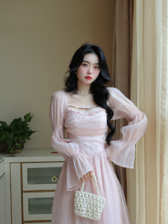 Blovelan French gentle pink high-waisted puffy temperament princess long-sleeved dress new