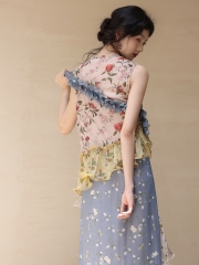 Original "Wanderer's Song - Wallflower Girl 1" asymmetric silk wrinkled wavy print contrast dress