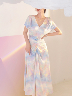 ReVe Couture [Floating Like a Dream] Stunning Cloud Weave Splendid Satin Bat Sleeves Puffed Halo Halo Slim Dress