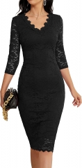 Women's cropped sleeve lace floral dress V-neck elegant wedding guest party cocktail dress