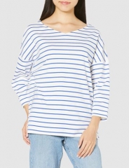 Cecile T-shirt cotton's striped dropped shoulders V-neck boat collar ladies