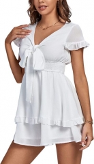 Women's jumpsuit front knot V-neck pleated layer short-sleeved mini cropped jumpsuit