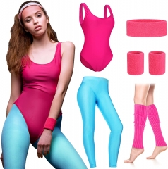 6-piece women's 80s fitness suit retro 80s accessories suit tights neon swimsuit headband wrist strap leggings