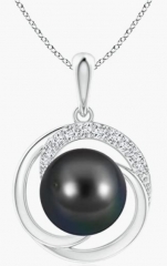 Tahitian Cultured Pearl Swirl Pendant with Diamonds (9mm Tahitian Cultured Pearl) - June Birthstone