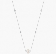 Freshwater Cultured Pearl and Diamond Station Necklace (10mm Freshwater Cultured Pearl) - June Birthstone
