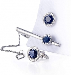BagTu Crystal Galaxy Cufflinks and Tie Clip Set with Gift Box and Greeting Card, Round Dark Blue Cufflinks and Tie Clip Gift Set