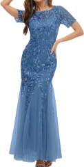 Jdlsppl Women's Floor Sequin Dress Formal One Line Neck Short Sleeve Evening Prom Shiny Mermaid Tulle Dress