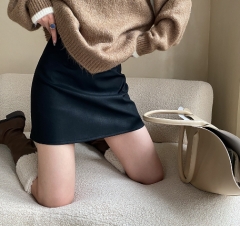 French Fashion Simple High Waist Half A-line Leather Skirt Short Skirt Wrapped Hip Skirt Autumn/Winter New Style