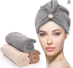 Heino 3 Pack Microfiber Hair Towel with Button, Super Absorbent Fast Drying Hair Wraps for Curly Hair, Anti Frizz Towel for Women