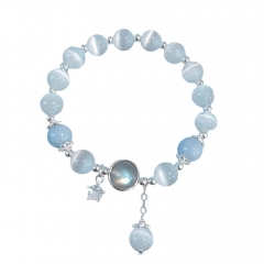 Butterfly Cat's Eye Stone Bracelet for Female Instagram, Small Form Design, Sea Blue Treasure Grey Moonlight Crystal Bracelet for Girlfriend as a Gift for Female