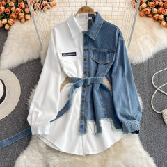 Denim patchwork lapel dress, Korean version, slim waist, irregular mid length shirt