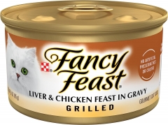 Roll over image to zoom in        4 VIDEOS Purina Fancy Feast Delights with Cheddar Grilled Chicken, Turkey or Whitefish and Cheddar Cheese Feast in Gravy Wet Cat Food Variety Pac