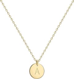 Valloey Rover Initial Necklaces for Women 14K Gold Plated Dainty Letter Necklce Round Coin Disc Pendant Double Side Engraved A-Z Necklace Personalized Jewelry Gift for Girls
