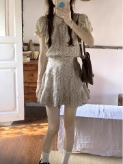 Fashion set summer new doll collar small floral loose short-sleeved shirt thin high-waisted skirt two-piece set