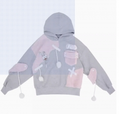 2024 Spring Sweater Asymmetrical Stitching Letters Bunny Embroidery Fox Furball Loose Grey Hooded Pullover Sweatshirt