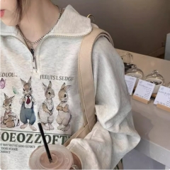 2024 New Vintage Gray Bunny Sweatshirt Women's Spring and Autumn Loose Oversize Harajuku Style Casual Versatile Top