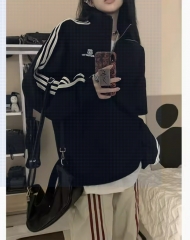American retro stand collar striped sports sweatshirt women's autumn and winter velvet thickened oversize high street couple top