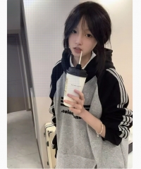 American retro raglan hooded striped sweatshirt women's spring and autumn oversize loose and lazy style versatile couple jacket