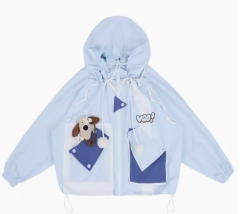 24 spring embroidery letter contrast multi-pocket drawstring fox furball loose hooded sports jacket light blue assault suit