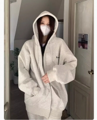 Gray sports coat women's sweatshirt spring autumn zipper hooded thick 2024 new cardigan set chic early spring thin