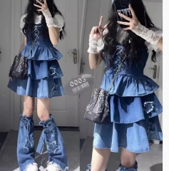 Gradient blue denim babes suit women's slip dress cake skirt summer pre-fall puffy skirt two-piece set