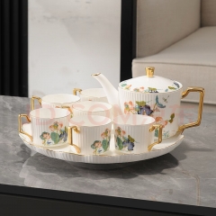 Yan is Chinese bone China rotating water set living room light luxury high-end teapot tea cup set gift box cup set 【 bone China 】 Lotus pond spring water set of eight