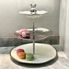 Zheng ye light luxury personality decoration fruit plate front desk ceramic dessert plate pastry plate afternoon tea heart rack cake skewer plate silver lotus leaf bear skewer plat