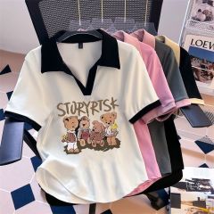 Big size women's printing short-sleeved t-shirt female summer 2023 new women's loose age reduction thin polo shirt tops