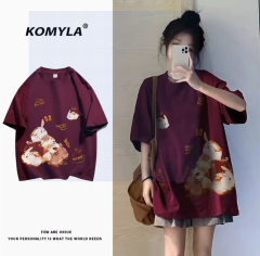 100% cotton burgundy Year of the Rabbit print short sleeve T-shirt women's ins trendy brand niche design sense spring and summer new tops