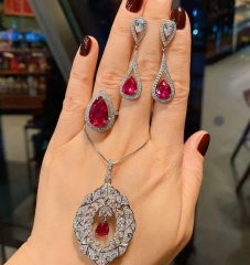 European and American jewelry set for women, including simulation ruby, shining full-diamond, luxurious setting pendant ring, earring and stud set