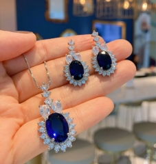 European and American jewelry set for women, including simulation ruby, shining full-diamond, luxurious setting pendant ring, earring and stud set