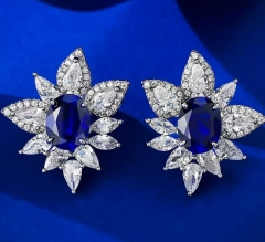 Benmingnian jewelry, European and American S925 silver 2 carat blue sapphire oval stud earrings, classic light luxury versatile style gift