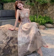 French luxury slip dresses, women's summer tea dresses, backless waist-cinching skirts, retro temperament midi skirts