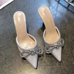 European and American stiletto heeled pointed-toe semi-slippers for socialites, new spring 2024 style, satin rhinestone bow-knot toe-cap high-heeled women's shoes