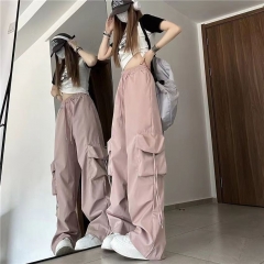 Women's plus size American style thin wide-leg cargo pants, high-waisted, slimming, versatile, high street straight tube black quick-drying pants for summer