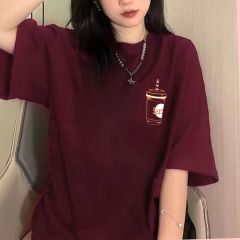 American retro pure cotton short-sleeved T-shirt, wine red, for female students in summer, loose oversize, medium and long style