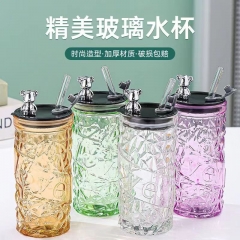 Internet-famous water cup, bear-shapeddiamond glass cup, high-temperature resistant, cute, ins style, high appearance value, for home use, coffee, with straw