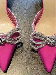 European and American stiletto heeled pointed-toe semi-slippers for socialites, new spring 2024 style, satin rhinestone bow-knot toe-cap high-heeled women's shoes