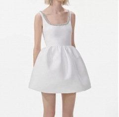 Women's new summer style pure color round neck short sleeve dress, Korean style slim fit waist-cinched A-line long skirt
