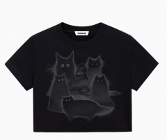 WINNME Women's Short Sleeve Short Cropped Square Shoulder T-shirt with Hand-drawn Hipster Print of Black Cat Family, Casual Versatile Loose Tops