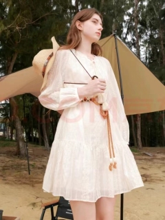 Three-Colours Du Xing 2024 Spring New Style Lyocell Embroidery Dress, Tassel Tie, A-Line Skirt, Short Skirt, Resort Style, Beige, 160/84A/M
