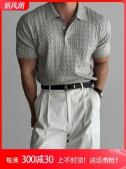 Men's Crochet Knitted Short Sleeve Polo Shirt for Summer, American Slim Fit, Elastic, Light Mature Style T-shirt, Casual Retro Paul