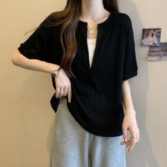 Big size fake two pieces v collar short sleeve t-shirt female summer fat mm cover stomach giant thin loose design short tops